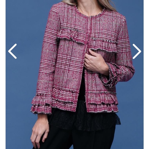 Plaid Ruffle Trim Blazer Jacket Pink Black and White Plaid Size M (Pleione) - Picture 5 of 16